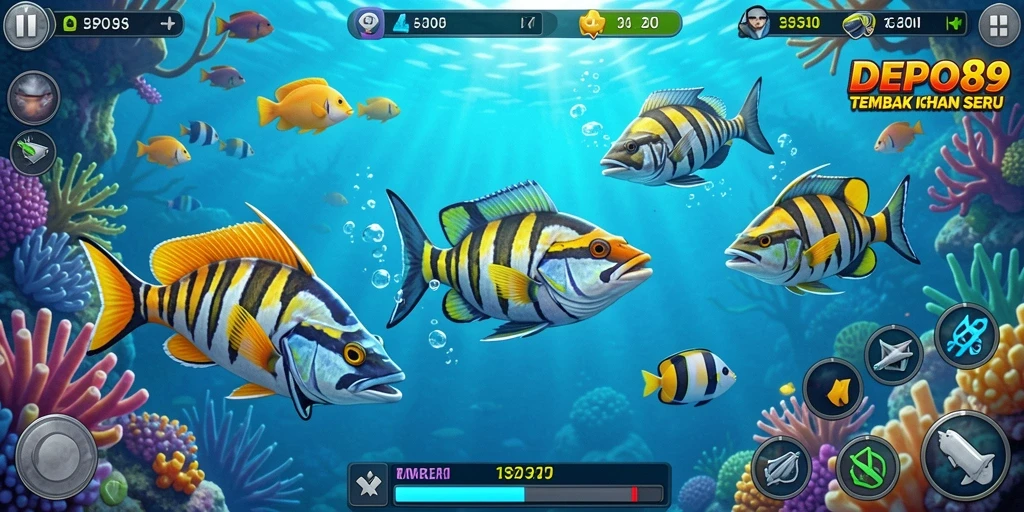 Screenshot gameplay DEPO89 dengan ikan yang berwarna-warni dan menantang.