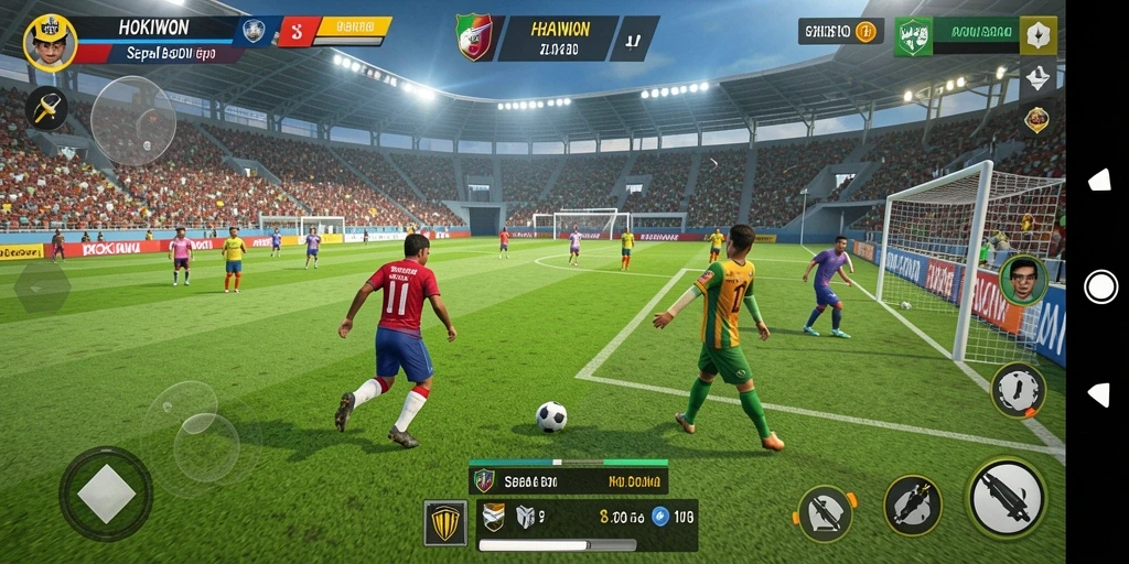 Screenshot HOKIWON menampilkan pengalaman gameplay sepak bola yang seru.