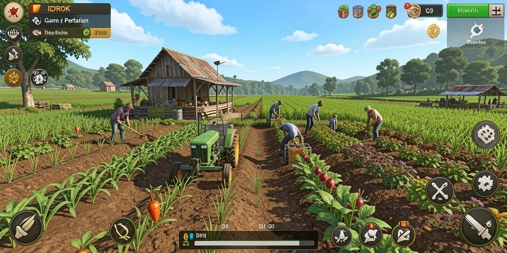 Tampilan menarik dari gameplay <strong>IDROK</strong> yang menampilkan pertanian yang kaya.