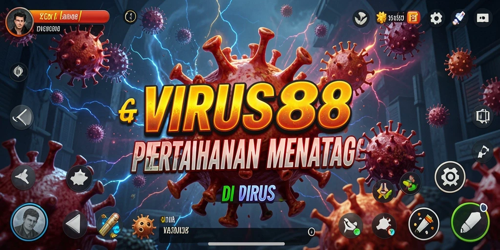 Tangkapan layar <strong>VIRUS88</strong> menampilkan aksi gameplay Tower Defense yang intens.